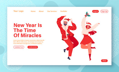 New Year celebration concept for website template. Two young people, man and woman, dance and jump in anticipation of the holiday. Flat cartoon characters laugh and rejoice in Santa Claus costumes.