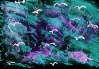 Creamy smudges and white birds horizontal abstract painting mixed grunge