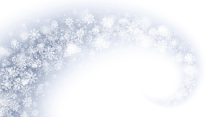 Vector Merry Christmas Magic Swirling Snowflakes And Lights Overlay On Light Blue Background. Xmas And Happy New Year Holidays Abstract Illustration. Winter Season Backdrop