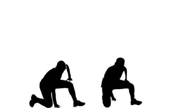 black silhouette on a white background, girls duet dance hip hop, street dance, isolated