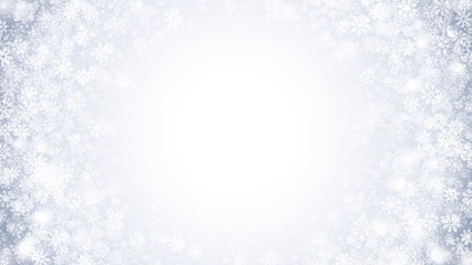 Vector Winter Swirling Snow Effect With Bright White Snowflakes And Lights On Light Blue Background. Merry Christmas And Happy New Year Holidays Abstract Illustration. Frozen Ice On Window Backdrop