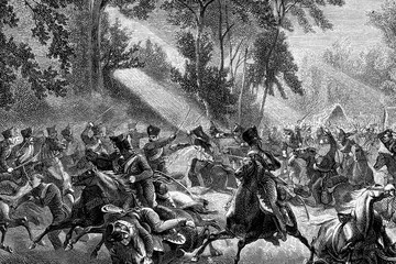 General Exelmans fighting against the Prussian cavalry in Rocquencourt. 1st July 1815.  Antique illustration. 1890.