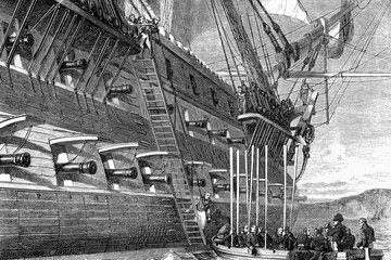 Embark of Napoleon aboard the ship Bellerophon. August 1815.  Antique illustration. 1890.