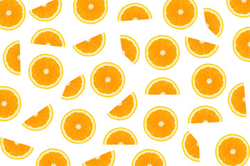 flat lay slice and cut of fresh orange isolated on white background