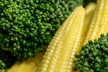 Fresh vegetables. Healthly food. Broccoli and mini corn. Vegetarian food.