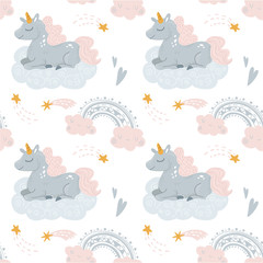 Licorne mignonne de vecteur dormant au nuage dans le chapeau