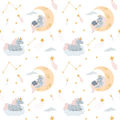 Vector cute unicorn sleeping at cloud in hat