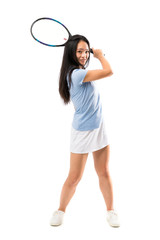 Young asian tennis player over isolated white background