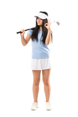 Young asian golfer girl over isolated white background showing ok sign with fingers