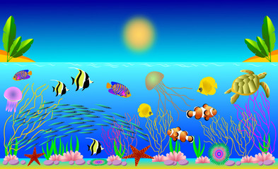 Fototapeta na wymiar Vector illustration of tropical fish with beautiful underwater world of the sea, ocean. Jellyfish, corals, fish, starfish, killer whales, algae, stones, water, sky. Poster, banner.