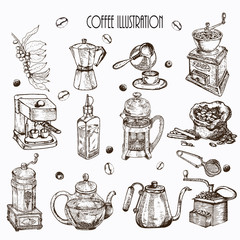 Hand drawn vector illustration set with coffee beans, cup, machine, branch.