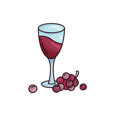 Glass with wine and grapes. Doodle vector image. Hand drawn drink concept. Color illustration of red wine. Set of cartoon icons on white background