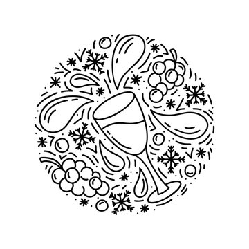 Round doodle template of ice wine. Cartoon glass with bunches of grapes and snowflakes. Hand drawn vector concept. Contour illustration for poster. Black and white isolated image. Outline design
