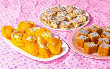 Indian Diwali Sweet Food Chandrakala with Sugar Free Dry Fruits, Mung Dal Chakki And Sweet Samosa