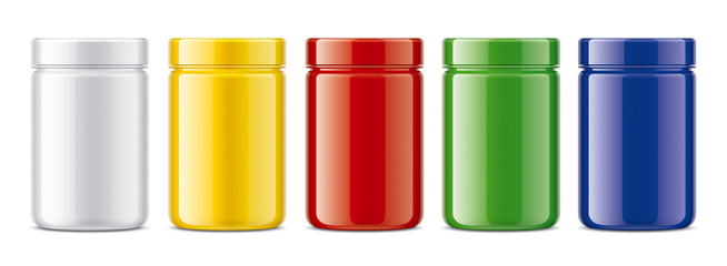 Set of plastic Jars. Colored version. Glossy surface version. 