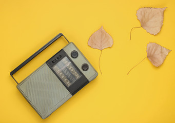 Retro fm radio receiver on a yellow background with fallen autumn leaves. Top view