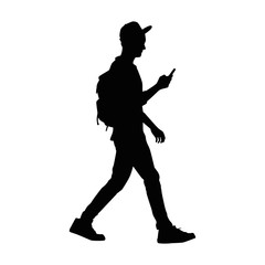 Fototapeta na wymiar Silhouette of Young Man Walking and Playing Cellphones