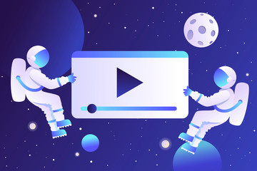 Naklejka premium View and create video content. Two astronauts in space. Night sky. Vector cartoon illustration.