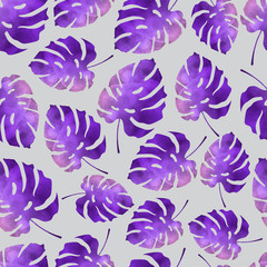 Monstera leaf pattern with watercolor texture lilac color