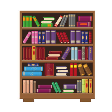Brown wooden bookcase with colorful books.