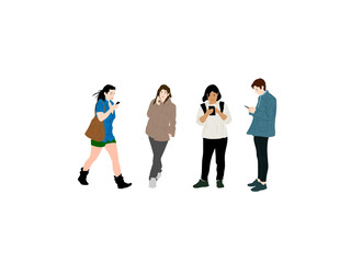 Young men and women holding smartphones and texting, talking, listening to music, taking selfie. flat cartoon vector illustration. Business meeting isolated characters on white background
