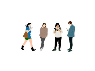 Fototapeta premium Young men and women holding smartphones and texting, talking, listening to music, taking selfie. flat cartoon vector illustration. Business meeting isolated characters on white background