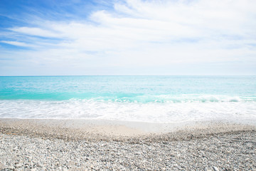 View of the beach in the city of Nice, azure shore Mediterranean sea, France 