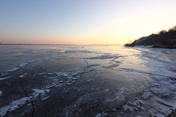 beautiful winter view of the icy river