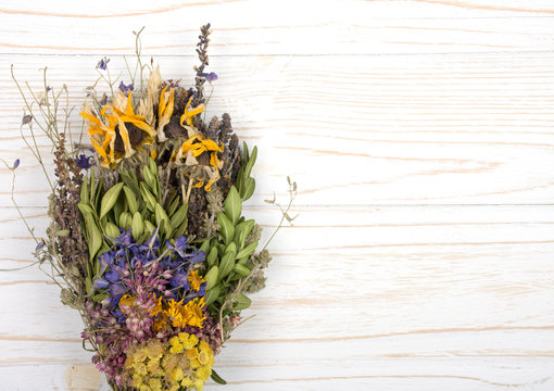 Bouquet of dry herbs on a white wooden background (as the herbal medicine concept), top view, copy space on the right for your text