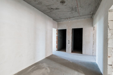 Russia, Omsk- August 05, 2019: interior room apartment. rough repair for self-finishing. interior decoration, bare walls of the room, stage of construction