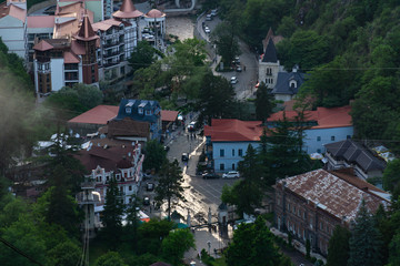 BORJOMI, GEORGIA - JUNE 27, 2019: One of the favorite tourist attractions in resort is the cable car ride over the Mineral Water Park and Borjomi