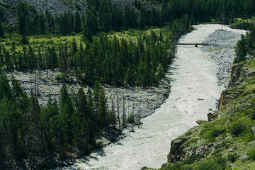 Fototapeta na wymiar Mountain river in rocks. Flow of water in mountain valley in Altai
