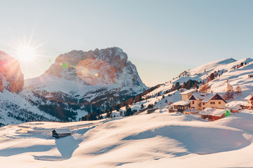 Winter landscape with Dolomites mountains. Travel and tourism concept background.