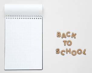 School time minimal concept. Notepad, autumn fallen leaves on white background with slogan back to...