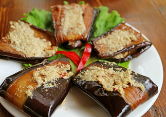 Plate of Georgian Eggplant Roll with Garlicky Ground Walnut Filling or Badrijani Nigvzit