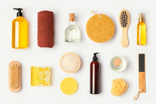 Spa and beauty treatment products isolated on white background. Top view from above