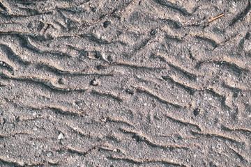 footprints on the asphalt from cars or wheels. soft asphalt after the heat flow, copyspace