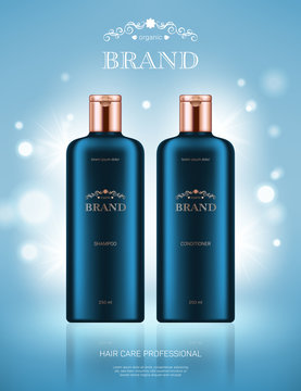 Realistic shampoo and conditioner bottles with golden lids on light blue background with bokeh lights. Advertising poster for the promotion of cosmetic hair care premium product