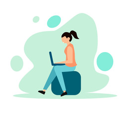 Social networks. Communication over the Internet. Chat, video, news, messages, website, search for friends, mobile web graphics. Woman looking at a laptop. Vector illustration. Flat style