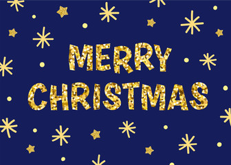Merry Christmas hand lettering background. Vector template with font, stars and snowflakes.