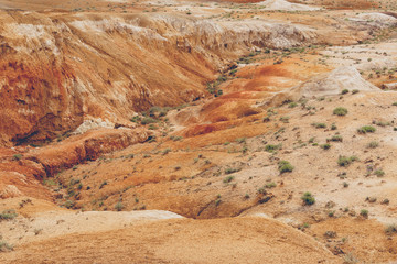 Red canyon in hills. Soil erosion following drought, climate change and formation of gullies. Lack of water in dry steppe