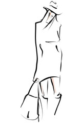 Young stylish woman, model. Fashion illustration in sketch style. Vector