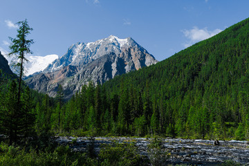 snowy mountain peaks on horizon of valley under clouds, travel to mountain area