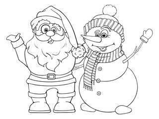 Merry funny Santa Claus and Snowman in cartoon style. Elements for Greeting card Merry Christmas And Happy New Year. Vector illustration isolated on white background. Hand drawn. Coloring page book.