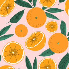Oranges hand drawn seamless pattern for print, textile, fabric. Modern hand drawn stylized citrus background.