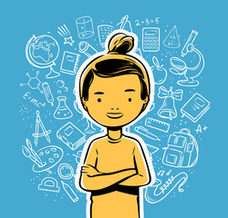 Happy schoolchild. School, education concept. Hand-drawn cartoon vector illustration