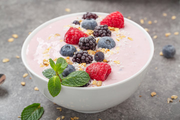 Berry smoothie bowl topped with blueberries, raspberry, blackberry, coconut flakes, yoghurt, muesli and mint for healthy breakfast, selective focus. Vegan food