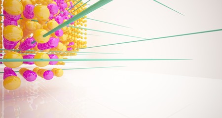 Abstract white interior from array colored spheres with window. 3D illustration and rendering.