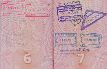 Russian passport, pages of international passport and customs stamps in it