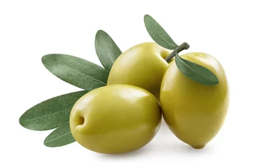 Fototapeten Nahaufnahme von Oliven mit Olivenblättern, isoliert auf weiss © Yeti Studio